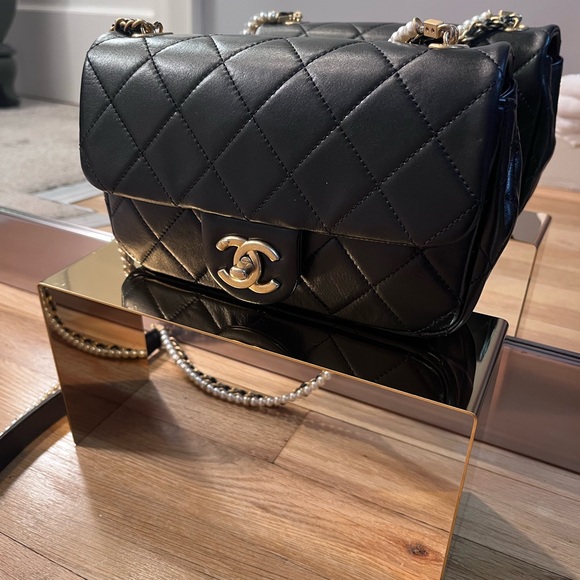 CHANEL Authentic 2021 Mini Crystal Pearls Chain Flap Shoulder Bag - Picture 5 of 17